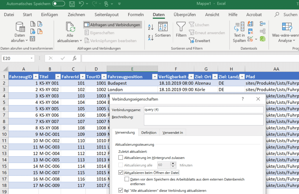 Darstellung Excel Export aus SharePoint