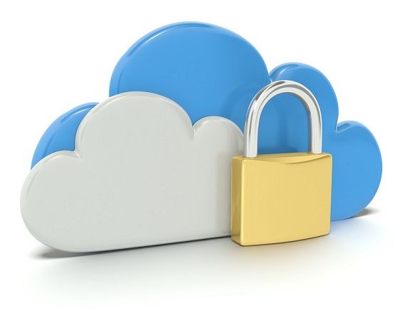 A 3D concept graphic depicting a secure cloud computing concept. Rendered against a white background with a soft shadow and reflection to enhance the 3D.